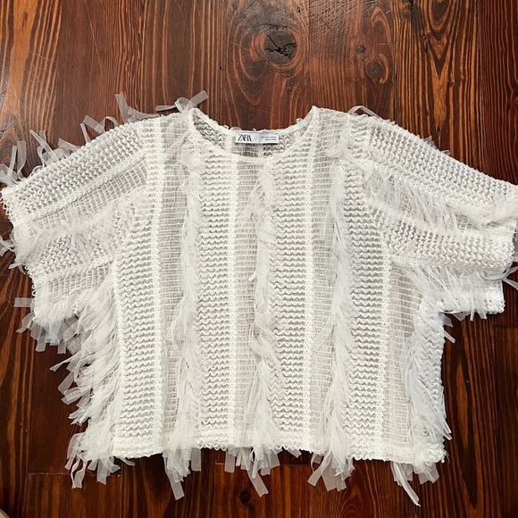 ZARA White Tulle Fringe Top EUC Slightly Cropped - Picture 4 of 7